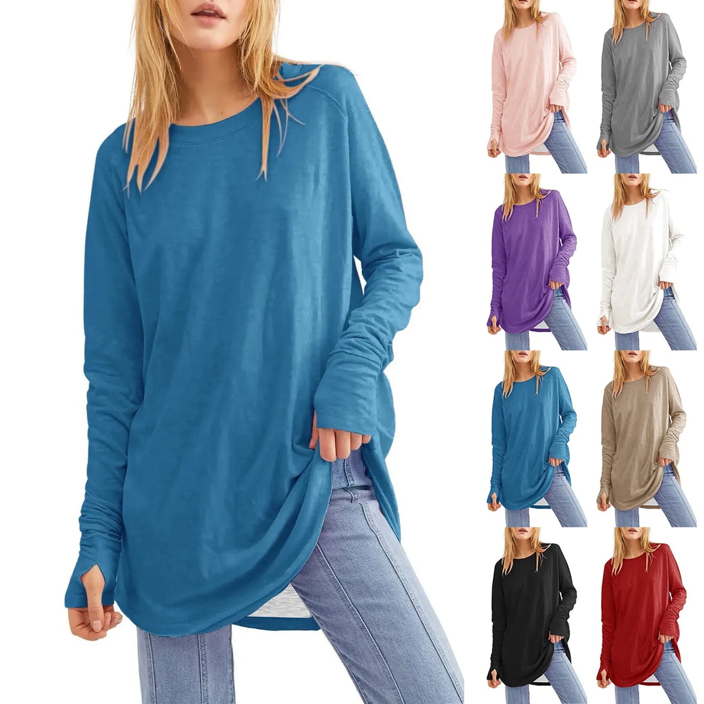 Women's Solid Round Neck Loose Long Sleeve Medium Length Leaky Thumb T-shirt Top