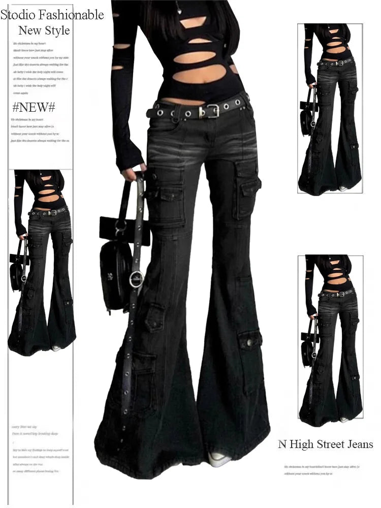 Women Dark Academia Gothic Grunge Low Waisted Cargo Flare Denim Pants Japanese Abi Y2k Harajuku Bell-Bottom Jeans Goblin Core