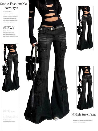 Women Dark Academia Gothic Grunge Low Waisted Cargo Flare Denim Pants Japanese Abi Y2k Harajuku Bell-Bottom Jeans Goblin Core