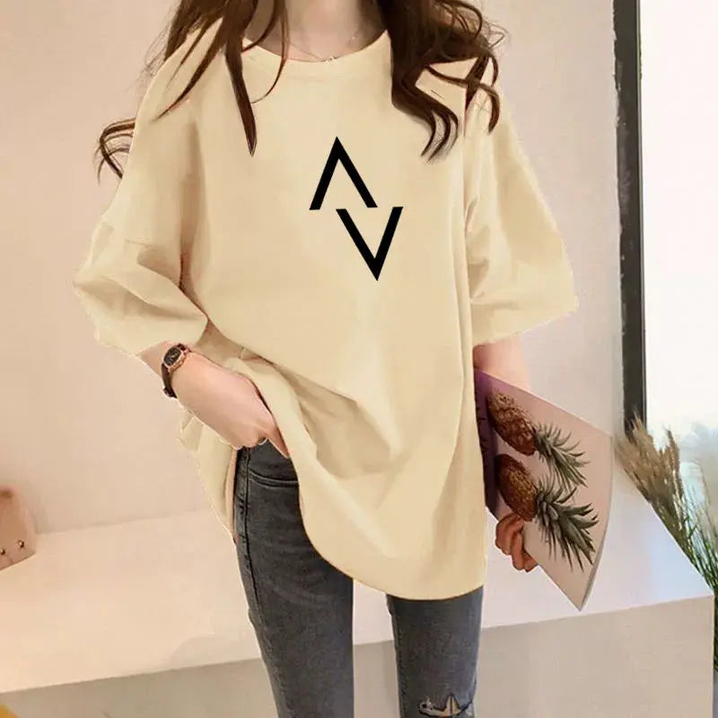 Summer Short Sleeve Crew Neck Women's Pullover Geometric Solid Color T-shirt Midi Casual Loose Comfortable All-match Tops