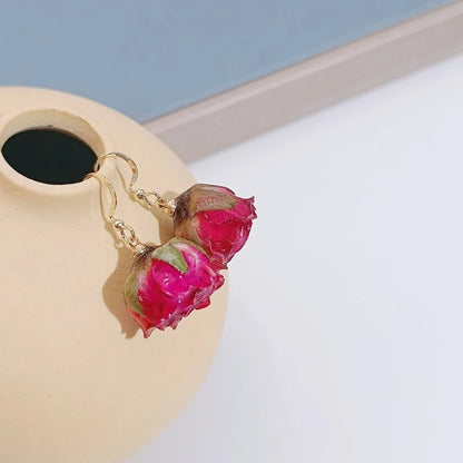 Unique Immortal Flower Earrings Elegant Natural Flower Pearl Drop Earrings Statement Jewelry Epoxy Resin Real Rose Earring 2024
