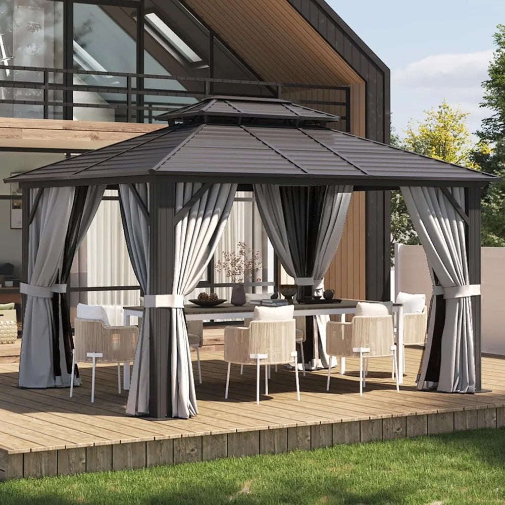 10'x 12' Hardtop Gazebo, Outdoor Dual-Layer Galvanized Steel Double Canopy with Netting and Curtains, Gazebos