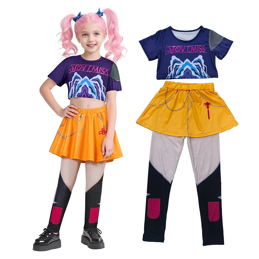 Zoey Rumi kids costume purple cropped top with graphic print yellow skort chain detail and leggings ideal for Halloween dress up