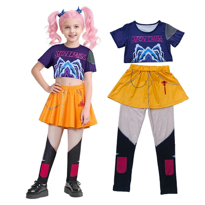 Zoey Rumi kids costume purple cropped top with graphic print yellow skort chain detail and leggings ideal for Halloween dress up
