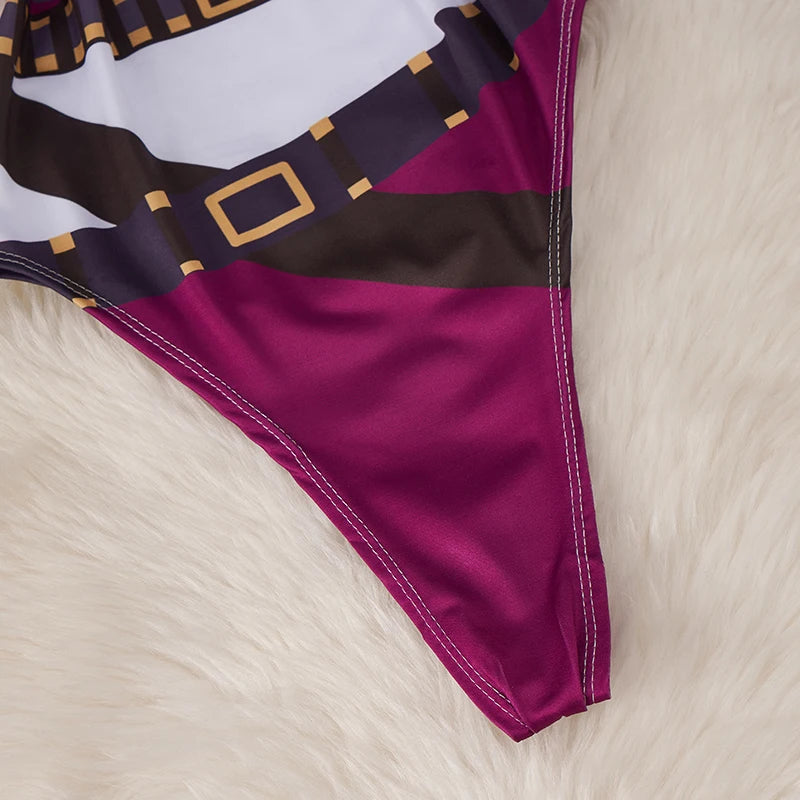 Close up of purple printed high cut front panel with belt design on furry background, kawaii cartoon bodysuit costume for women