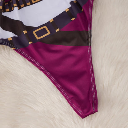Close up of purple printed high cut front panel with belt design on furry background, kawaii cartoon bodysuit costume for women