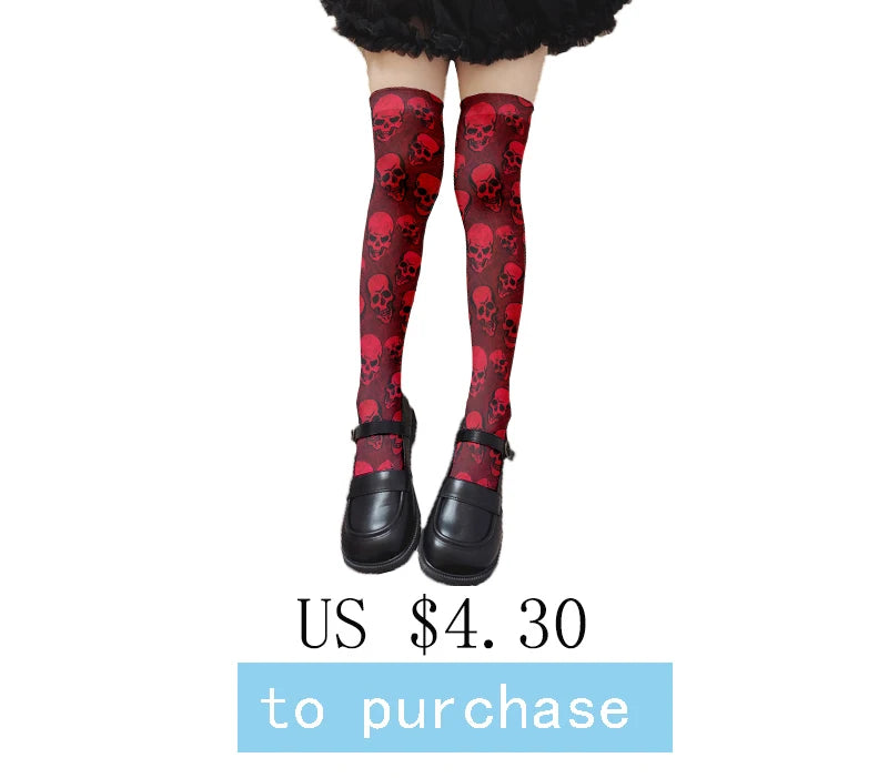 EtherealBe red skull thigh high stockings with black Mary Jane shoes and skirt product image for skull print bikini set