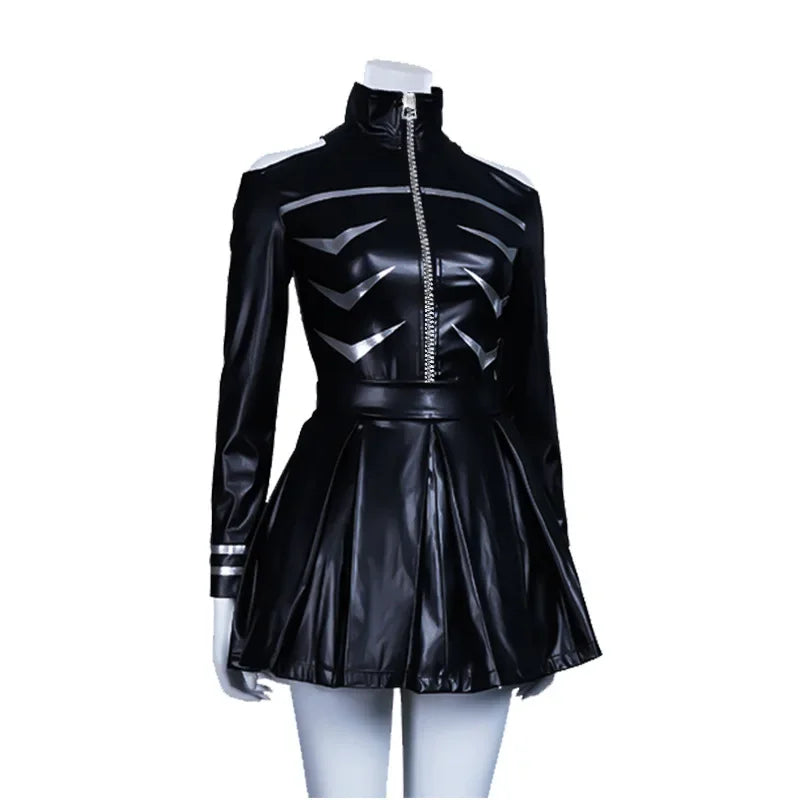 EtherealBe black faux leather pleated skirt dress with silver chevrons and zip front women's cosplay costume