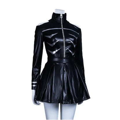EtherealBe black faux leather pleated skirt dress with silver chevrons and zip front women's cosplay costume