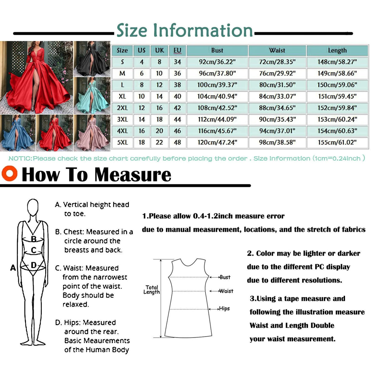 Size chart and measurement guide for Elegant prom and gala dresses by EtherealBe