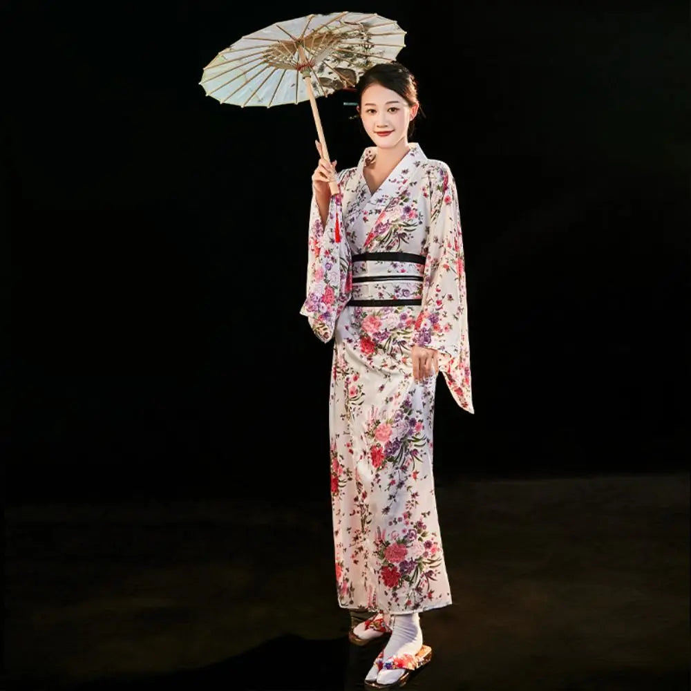 Cosplay Costume Traditional Japanese Kimono Japanese Style Printed Floral Sakura Girl Kimono Dress Elegance Asian