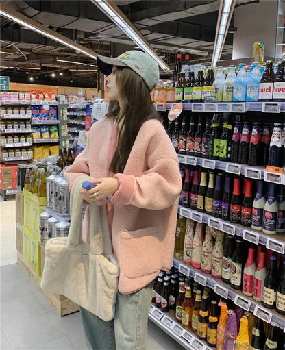 2024 Winter New Women's Lamb Wool Jacket Petite Loose-Fit Thickened Integrated Deer Skin Fleece Medium-Length Korean Style