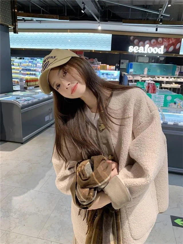 2024 Winter New Women's Lamb Wool Jacket Petite Loose-Fit Thickened Integrated Deer Skin Fleece Medium-Length Korean Style