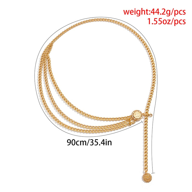 Fashion Round Brand Alloy Multi-Layer Exaggerated Body Chain 2023 New Women Queen Head Retro Street Snap Beam Party Waist Chain