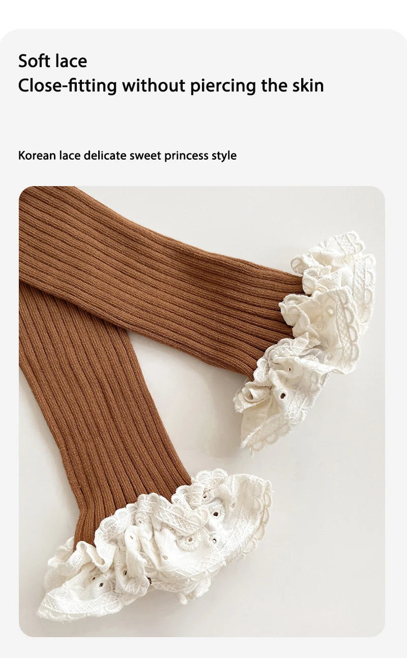 Autumn Baby Girls Leggings Ribbed Pants Cotton Lace Cuff  Toddler Kid Leggings Striped Casual Pants Kids Outfits Trousers