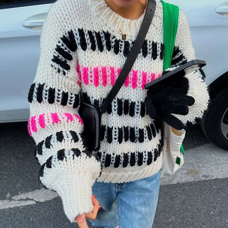 Women Multi Color Striped Thick Casual Round-neck Sweater Chunky Jumper Bold Black & Pink Stripes Winter Niche Design Knit Top