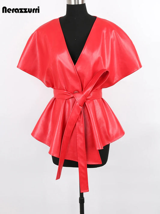 Nerazzurri Spring Short Red Faux Leather Vest Women Belt Runway Fashion Elegant Luxury Designer Clothes Sleeveless Jacket 2022