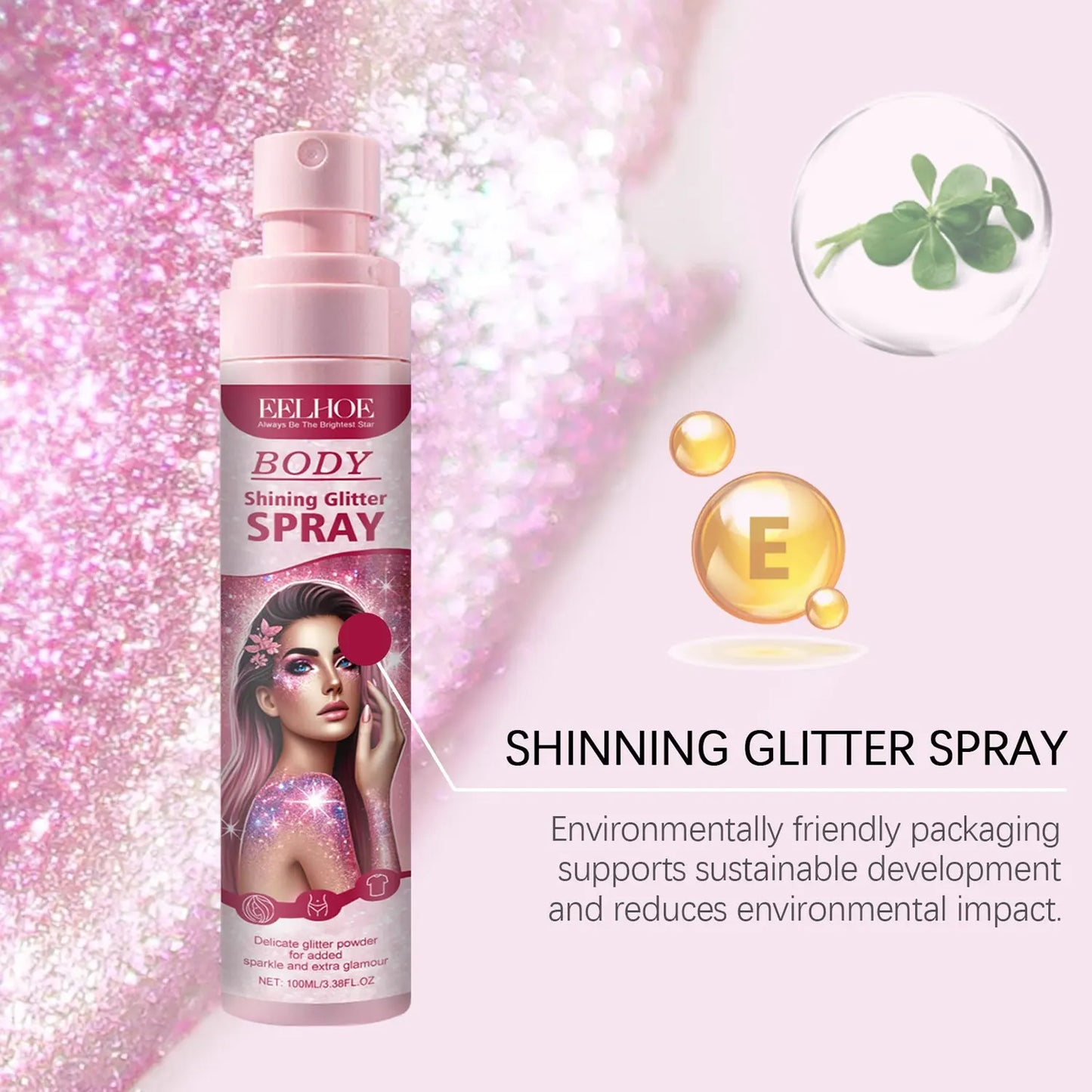 100ml Body Glitter Highlighter Shiny Glitter Spray Body Spray Womens Face Glitter Quick-Dry Waterproof Fairy Body Shimmery Spray