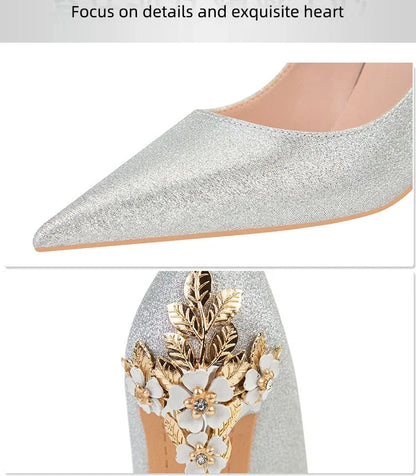 Elegant blue flower embellished women's heels with a stunning gold and floral design on the back