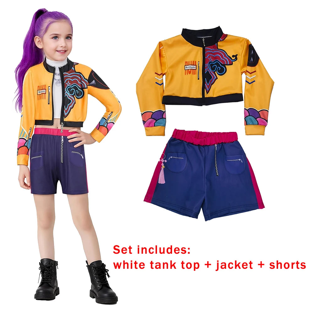 Zoey Rumi kids costume yellow cropped jacket with colorful graphics white tank top and navy shorts with pink waistband