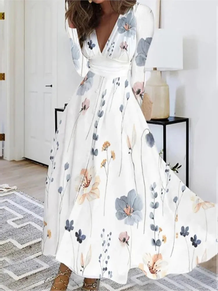 Autumn Floral Elegant Party Long Dress For Women Sexy Deep V Neck Long Sleeve Slim White Print Casual Maxi Dresses 2024 Spring
