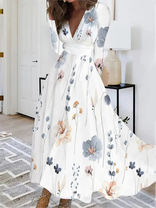 Autumn Floral Elegant Party Long Dress For Women Sexy Deep V Neck Long Sleeve Slim White Print Casual Maxi Dresses 2024 Spring