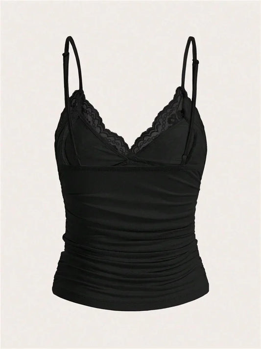 Sexy Contrast Lace Bow Front Crop Cami Top Women 2025 Summer Grunge Punk Y2K Clothes Ruched Skinny Backless Tee Shirt