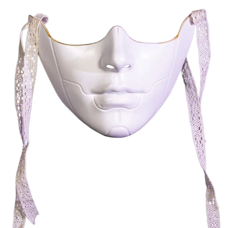 EtherealBe masquerade half face mask in white with elegant ribbons for stylish costume parties