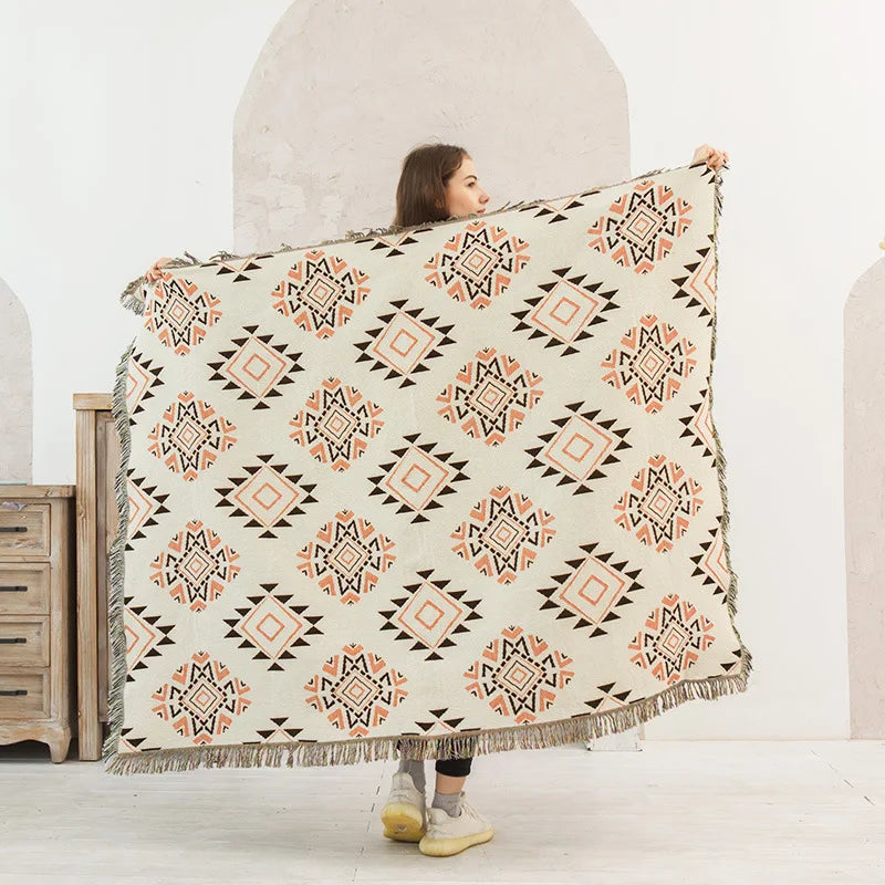 Retro Indian Style Thread Blanket Countryside Geometry Sofa Cobertor Hanging Tapestry Cotton Knitted Sofa Blanket for Bed Travel