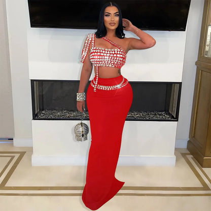 Rhinestone Dress 2 Piece Skirt Sets Elegant Luxury Long Dress 2024 Summer Clothes Sexy Club Outfit Crop Top Two Piece Skirt Sets
