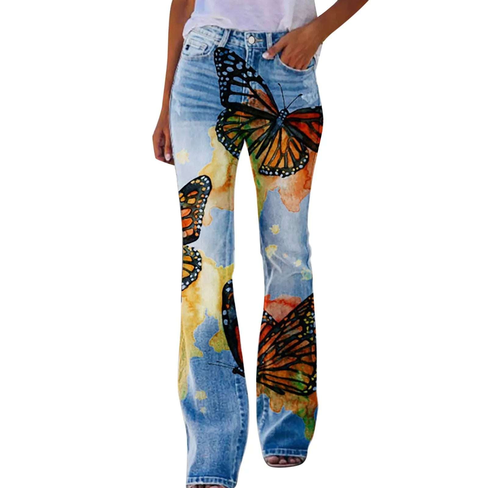 Jeans For Women High Waist Cargo Pants Bootcut Distressed Flared Denim Print Pants Flower Print Faux Denim Jeans Джинсы Женский
