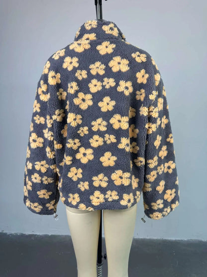 Cozy lambskin coat for women in gray with floral pattern, perfect for stylish warmth