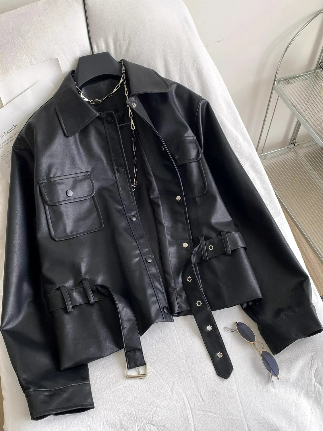 Fashion Tied Waist Long Sleeved Jacket for Women Autumn 2025 Casual Pocket Leather Jackets