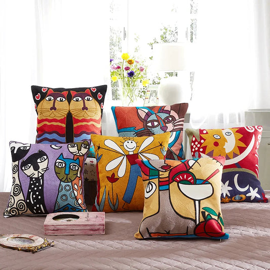 Drop Ship Cotton Canvas Embroidery Pillow Cover Abstract Cushion Cover Home Decor Cushion Decorative Pillow Case Pillow Sham