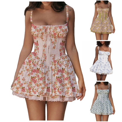 Women Floral Beach Mini Dress For Women Sexy Bow Square Collar Backless Lace Tunic Suspender Skirt Vacation Holiday Short Dress