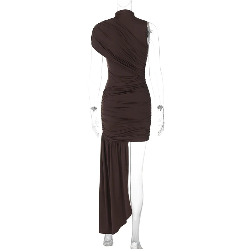Mozision Irregular Draped Ruched Sexy Mini Dress For Women Elegant Turtleneck Sleeveless High Waist Pleated Club Party Dress