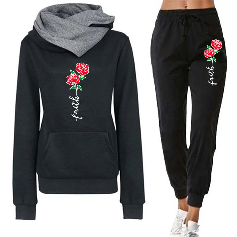 Autumn Women Winter 2-Piece Printed Hoodie Pants Sportswear Sports Suit Hooded Sweatshirt Suit Women Jogging Calas Cargo Femina