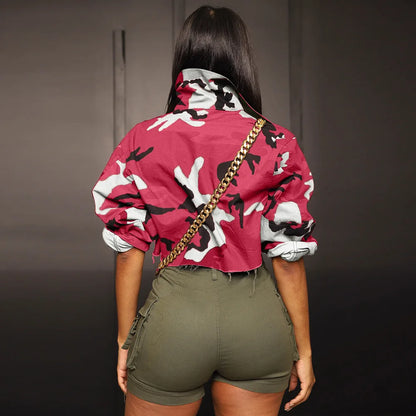 Women's Clothes Coats Casual Fashion Camouflage Print Large Pocket Lapel Long Sleeve Short Jacket for Women