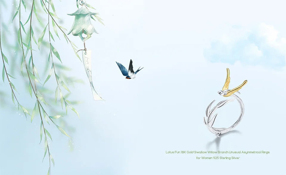 Lotus Fun 18K Gold Swallow Willow Branch Unusual Asymmetrical Rings for Women Real 925 Sterling Silver Original Fine Jewelry