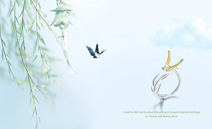 Lotus Fun 18K Gold Swallow Willow Branch Unusual Asymmetrical Rings for Women Real 925 Sterling Silver Original Fine Jewelry