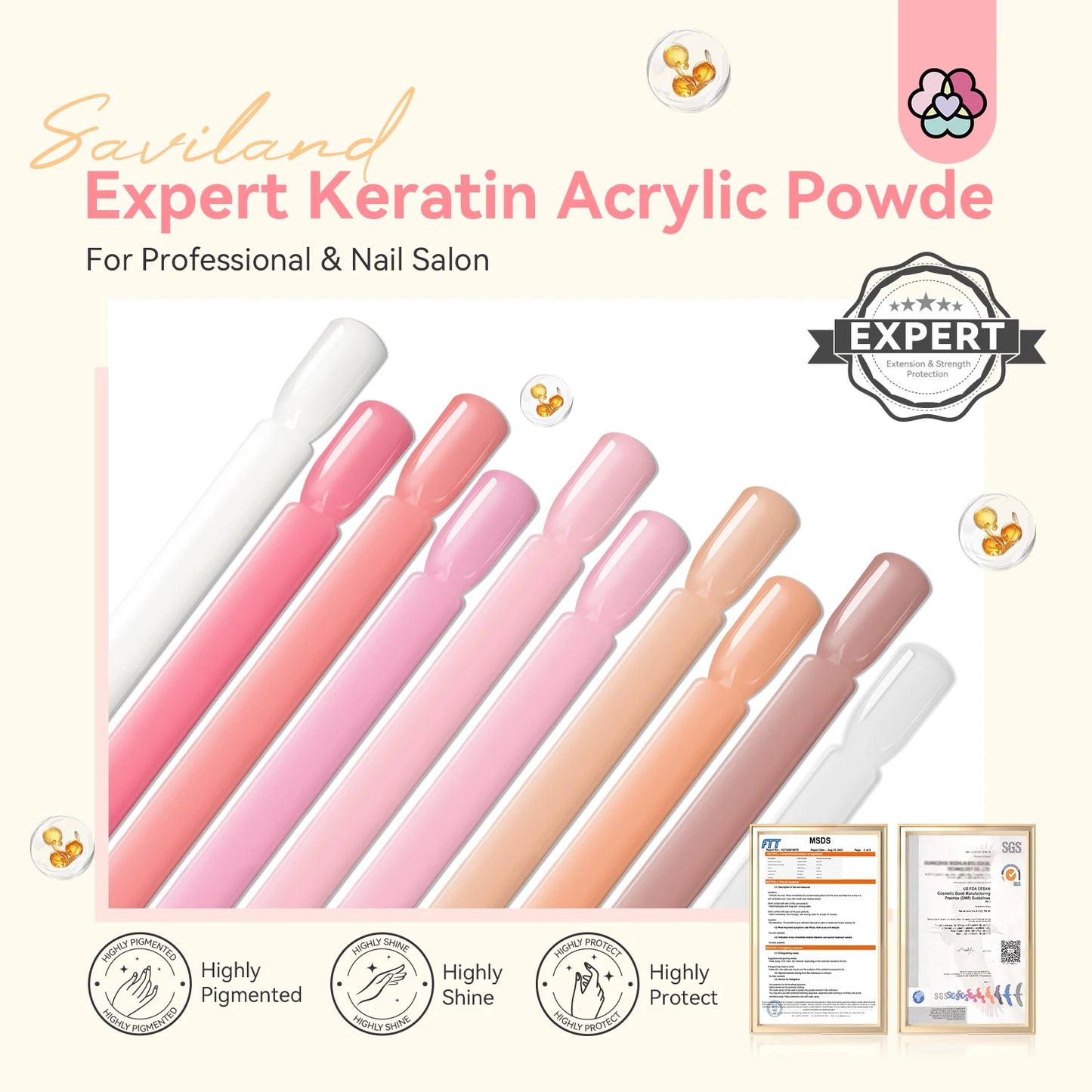 Saviland Professional Acrylic Powder Set 10g x 10 Clear Nudes Pink Ultra Fine Keratin Formula Quick Dry for Salon Nail Art