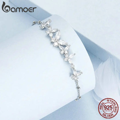 Bamoer 925 Sterling Silver Exquisite Dancing Butterfly Bracelet Pave Setting CZ Shiny Chain Link for Women Wedding Fine Jewelry