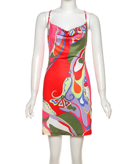 Weird Puss Colorful Print Dress Women Backless Sleeveless Tight Summer Midnight Sexy Peach Hip Hottie Club Trend Hipster Bodycon