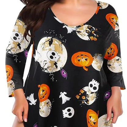 Plus size Halloween pumpkin T-shirt featuring festive pumpkin and ghost prints on a black background