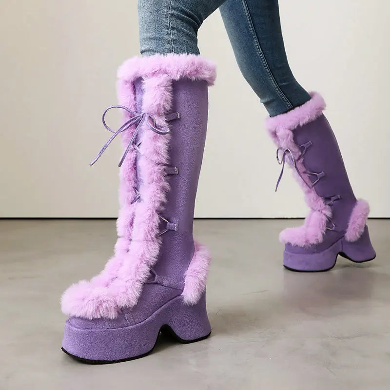 8CM Chunk Heels Winter Warm Knee High Boots Women Snow Short Plush Platform Boots Faux Fur Cosplay Lace-up Long Shoes Size 34-43