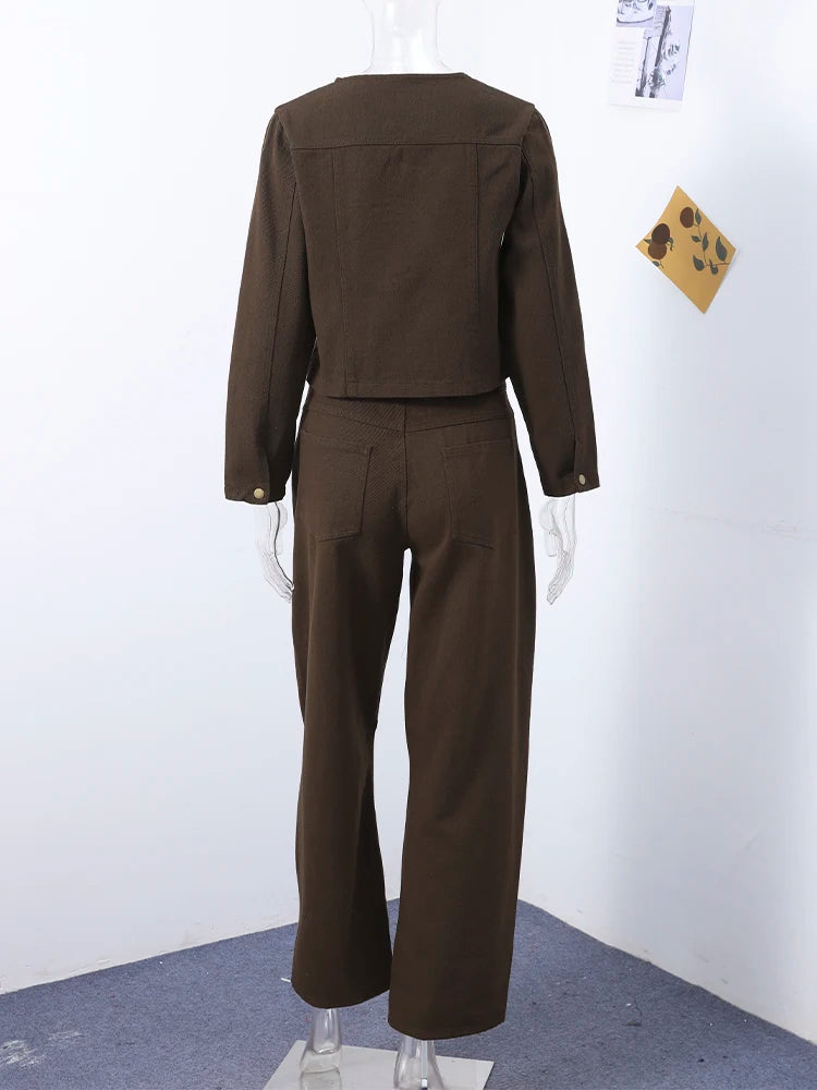 Vintage Solid Denim Jacket Pants Sets Women O-neck Single Breasted Long Sleeve Coat Wide Leg Trousers 2025 Jeans Outfits Street