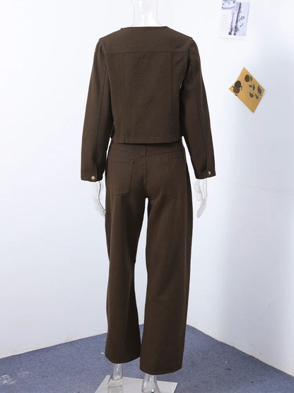 Vintage Solid Denim Jacket Pants Sets Women O-neck Single Breasted Long Sleeve Coat Wide Leg Trousers 2025 Jeans Outfits Street