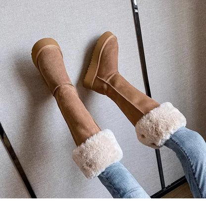 Turned-over Edge Knee-high Snow Boots Flat with Slip-on Ladies Shoes 2024 High Quality Round Toe Mid Heel Concise Women's Boots