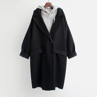 Wool Blends Coats Women Spliced Fake Two Piece Hooded Clothes Design Korean Fashion Preppy College Girlish Elegant Ladies Casual