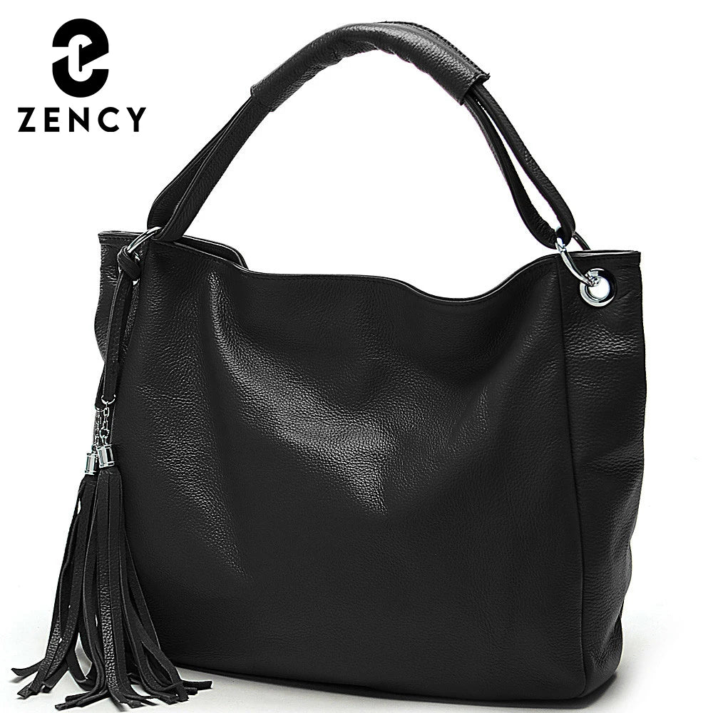 Zency Black White Bag 100% Soft Genuine Leather Tassel Women's Handbag Ladies Shoulder Bags Messenger Satchel Crossbody Purse